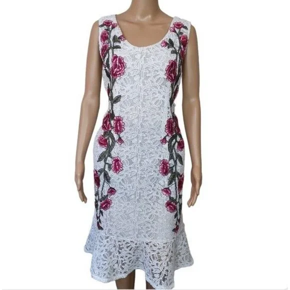 vintage lace floral dress Embroidered white Sz 12 frill fishtail KOREAN cocktail - Picture 3 of 8